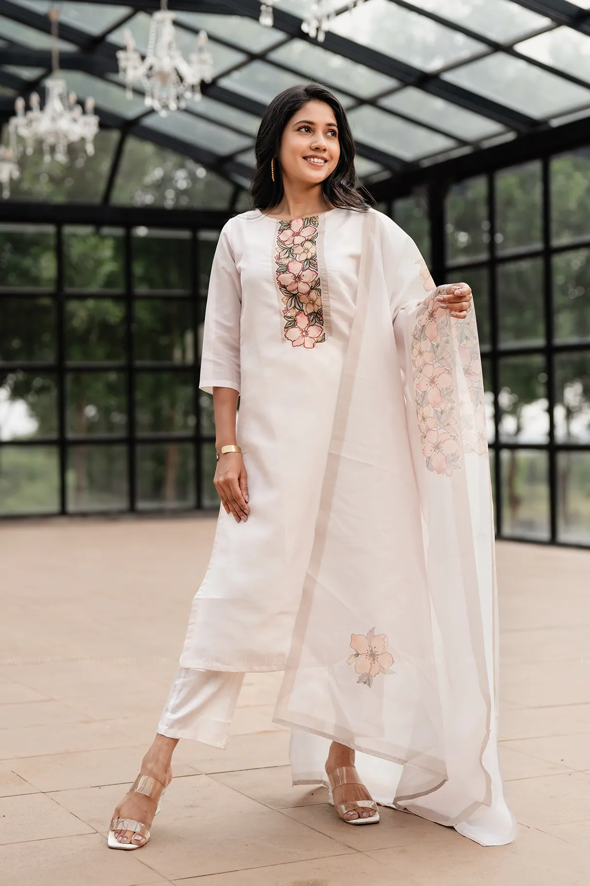 Lavira petal Off-White 3 Piece Silk Blend Embroidery Kurta with Pant & Dupatta